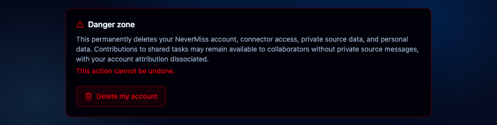 Lire la confirmation de suppression. Interface NeverMiss, données de démonstration.