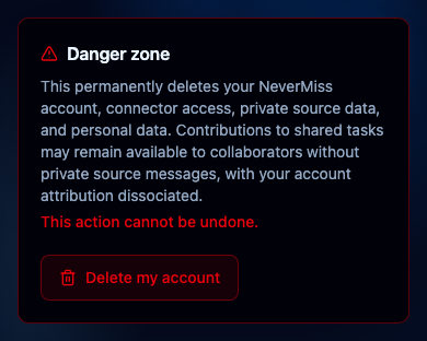 Lire la confirmation de suppression. Interface NeverMiss, données de démonstration.