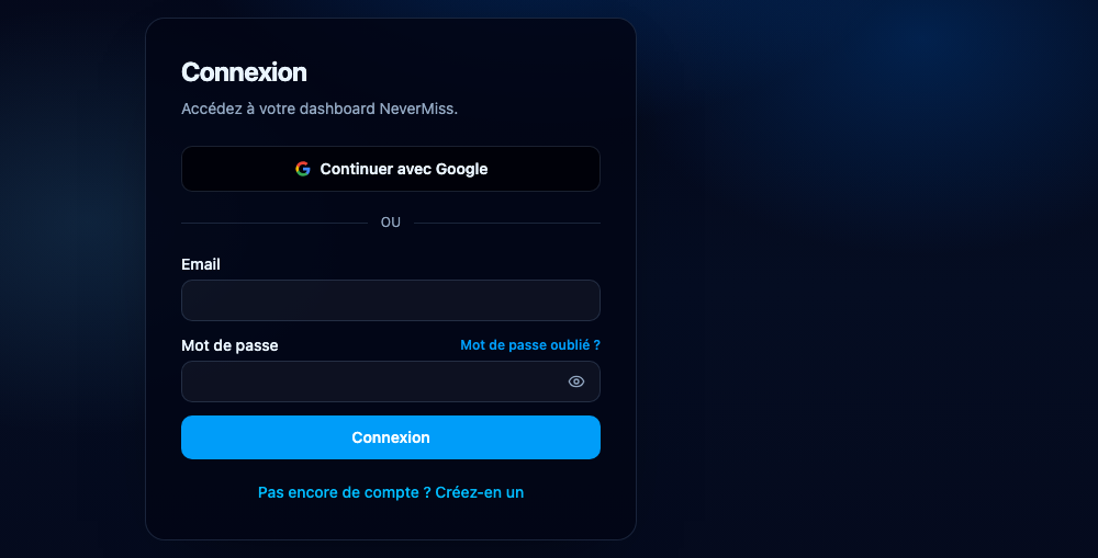 Se connecter avec sa propre identité. Interface NeverMiss, données de démonstration.