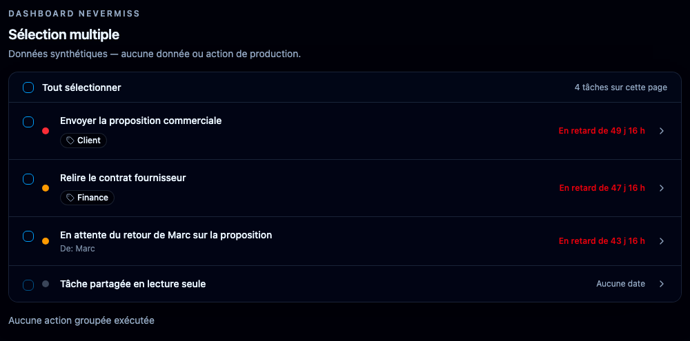 Sélectionner plusieurs tâches. Interface NeverMiss, données de démonstration.