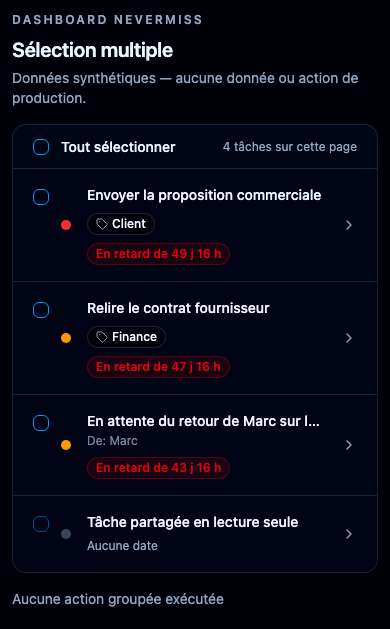 Sélectionner plusieurs tâches. Interface NeverMiss, données de démonstration.