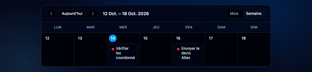 Replanifier depuis le calendrier. Interface NeverMiss, données de démonstration.