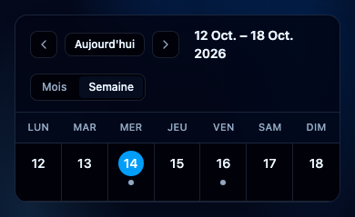 Replanifier depuis le calendrier. Interface NeverMiss, données de démonstration.