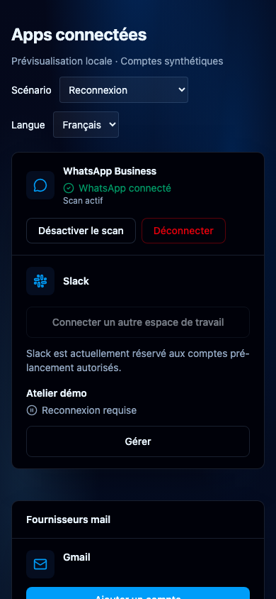Vérifier la connexion des outils. Interface NeverMiss, données de démonstration.
