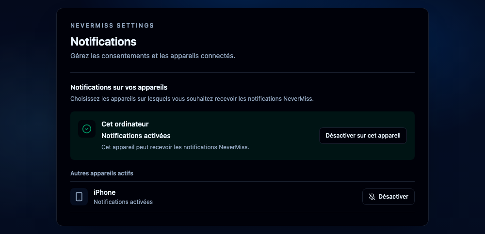 Gérer les destinations de notifications. Interface NeverMiss, données de démonstration.