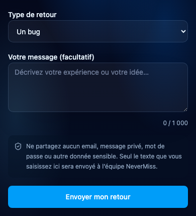 Donner un retour sur l’application. Interface NeverMiss, données de démonstration.