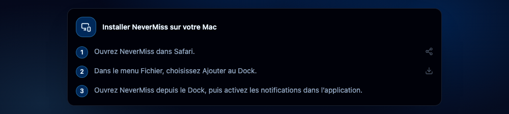 Installer l’app web. Interface NeverMiss, données de démonstration.