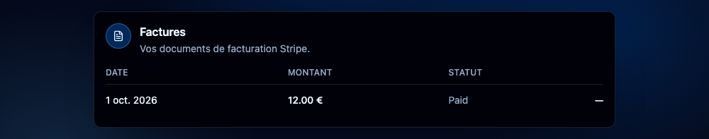 Retrouver une facture. Interface NeverMiss, données de démonstration.