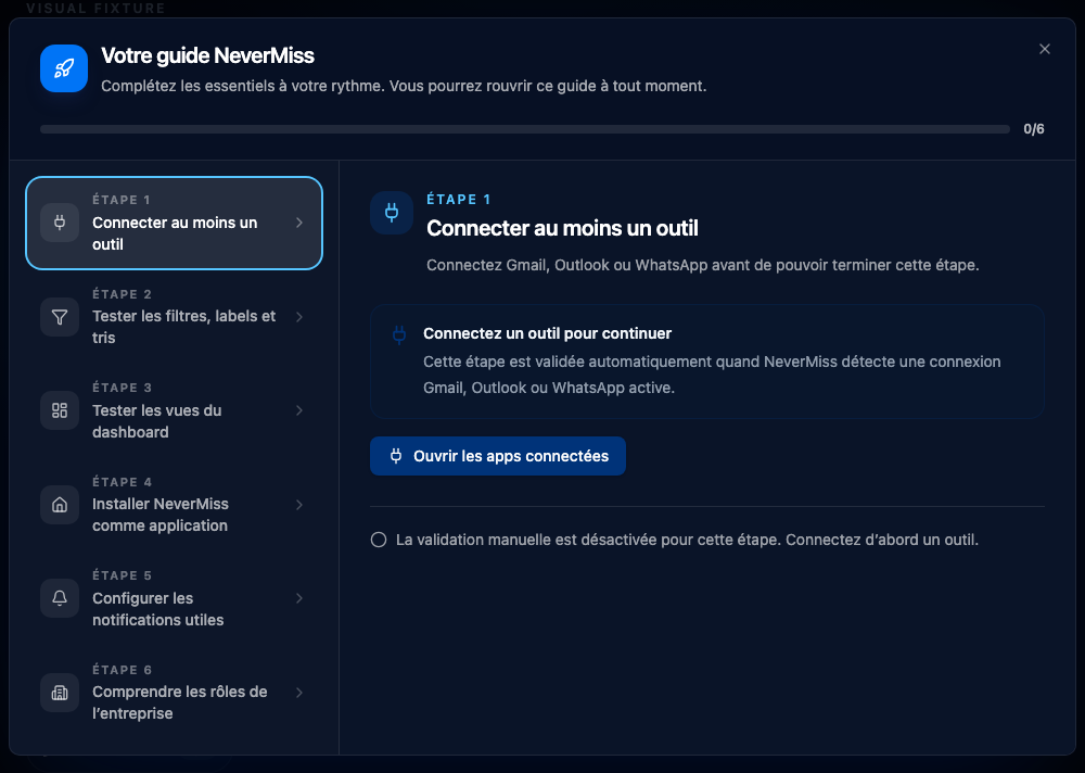 Découvrir le dashboard. Interface NeverMiss, données de démonstration.