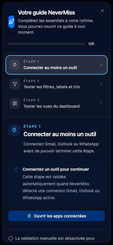 Découvrir le dashboard. Interface NeverMiss, données de démonstration.