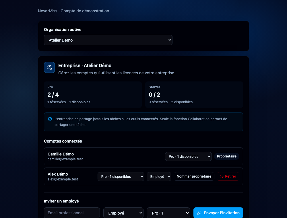 Gérer les licences de l’entreprise. Interface NeverMiss, données de démonstration.