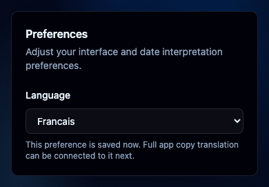Choisir la langue de l’interface. Interface NeverMiss, données de démonstration.