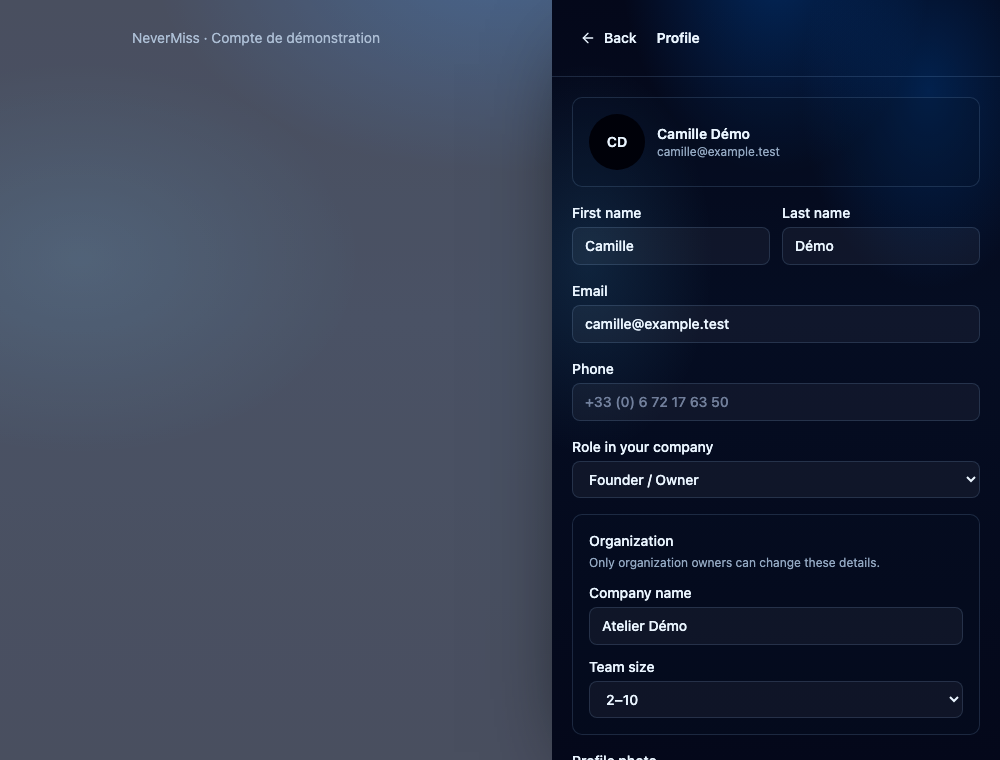 Mettre à jour son profil. Interface NeverMiss, données de démonstration.