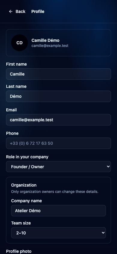 Mettre à jour son profil. Interface NeverMiss, données de démonstration.