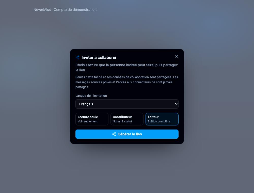 Choisir les droits d’une invitation. Interface NeverMiss, données de démonstration.