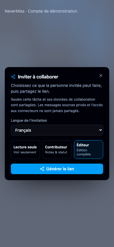 Choisir les droits d’une invitation. Interface NeverMiss, données de démonstration.