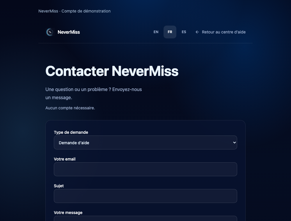Contacter NeverMiss. Interface NeverMiss, données de démonstration.