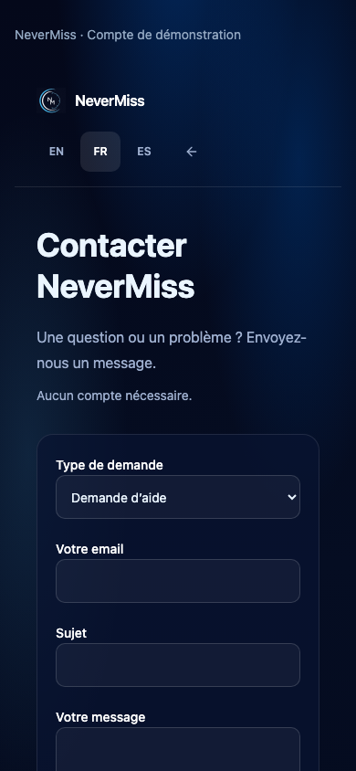 Contacter NeverMiss. Interface NeverMiss, données de démonstration.