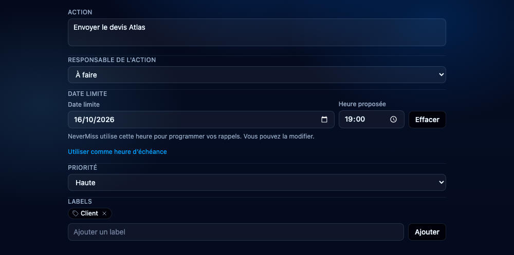 Modifier les informations d’une tâche. Interface NeverMiss, données de démonstration.