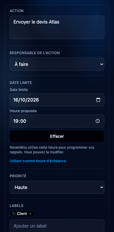 Modifier les informations d’une tâche. Interface NeverMiss, données de démonstration.