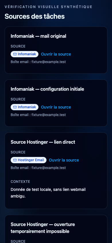 Retrouver le contexte d’une action. Interface NeverMiss, données de démonstration.