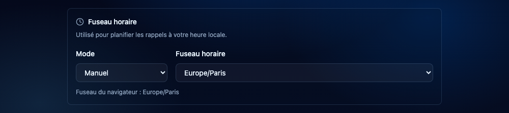 Choisir le fuseau des rappels. Interface NeverMiss, données de démonstration.