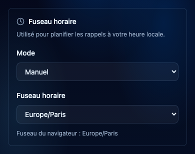 Choisir le fuseau des rappels. Interface NeverMiss, données de démonstration.
