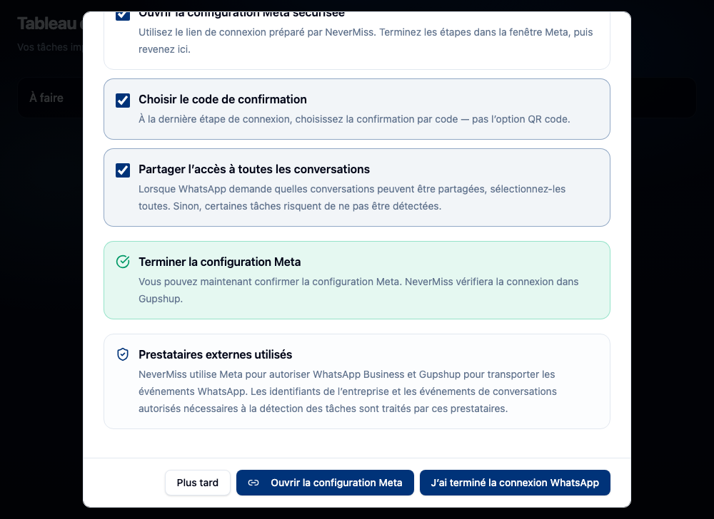 Suivre la configuration WhatsApp Business. Interface NeverMiss, données de démonstration.