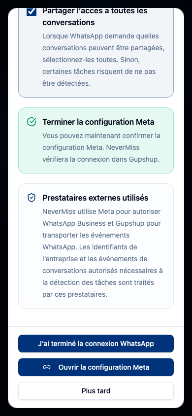 Suivre la configuration WhatsApp Business. Interface NeverMiss, données de démonstration.